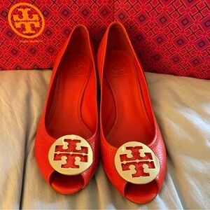 Tory Burch Women's Burt Orange Peep Toe Wedges - Size 9.5